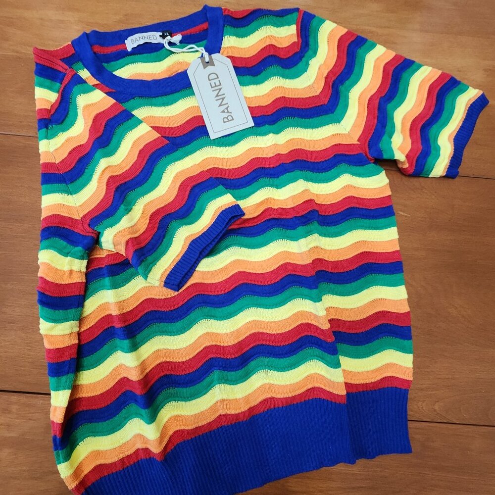 Retro rainbow striped short sleeve sweater